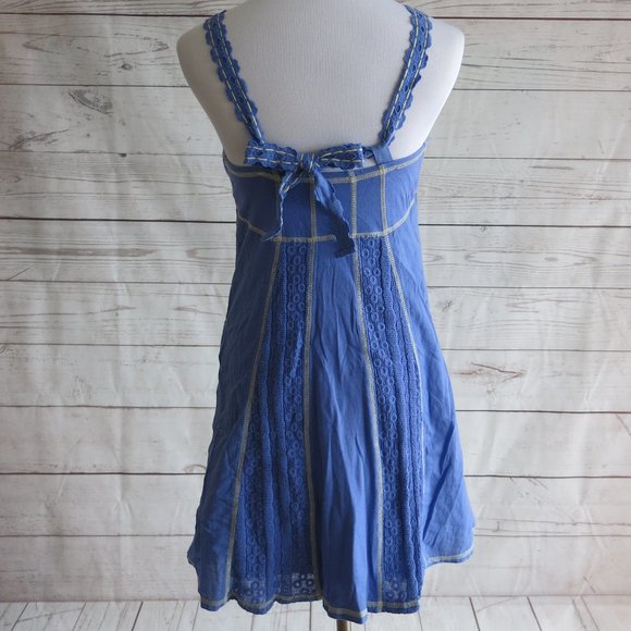 Miss Me Blue Beige Trim Embroidered Lined Sleeveless Summer Dress - Size Small - Picture 5 of 8
